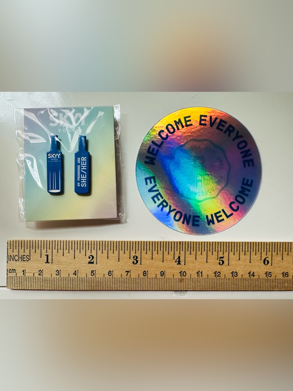 Pair of Skyy Vodka Blue Bottle Pins with She/Her Pronouns and Sticker